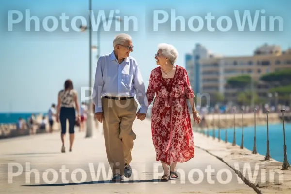 זוג מבוגרים מטייל בנחת בטיילת תל אביב השוקקת, ממדינת ישראל. מים, מחווה, עֵץ