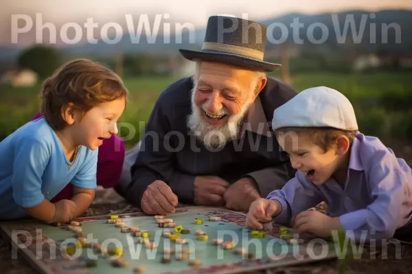 סבים וסבתות צוחקים מלמדים את הנכדים לשחק משחקים יהודיים מסורתיים, ממדינת ישראל. שָׁמַיִם, בן אנוש, כובע