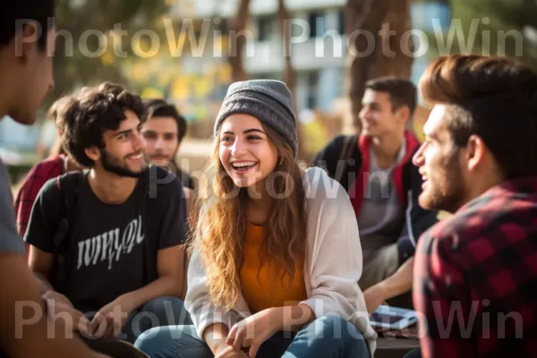 סטודנטים שקועים בדיונים נלהבים בקמפוס אוניברסיטאי שוקק חיים, ממדינת ישראל. גִ\'ינס, זְרוֹעַ, הבעת פנים