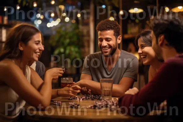 חברים מתאספים למשחק שש בש תוסס בבית הקפה המקומי ממדינת ישראל. כלי שולחן, זְרוֹעַ, שולחן