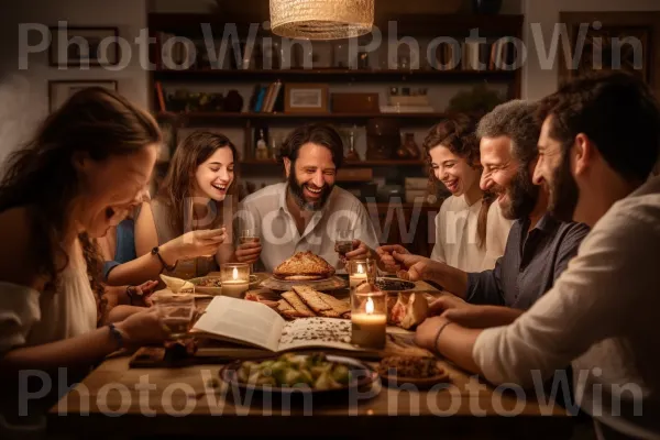 מפגש משפחתי לסדר פסח מסורתי, מספר את סיפור השחרור ממדינת ישראל. שולחן, מזון, שיתוף