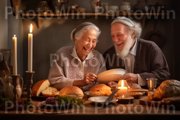 זוג מבוגרים חולקים לחם חלה, מוקירים מסורות שבת ממדינת ישראל. נר, מִטְבָּח, צַלַחַת