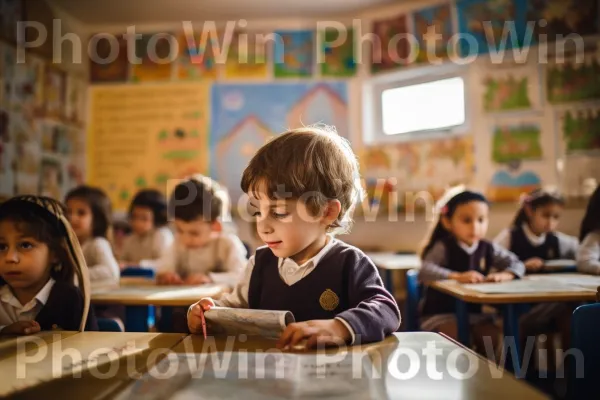 ילדים צעירים לומדים מסורת עברית ויהודית בבית ספר דתי מקומי, ממדינת ישראל. כִּסֵא, שיתוף, קהילה