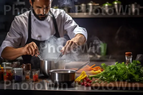 שף מוכשר מכין בלהט מנת גורמה מענגת. כלי שולחן, שֶׁף, מִטְבָּח