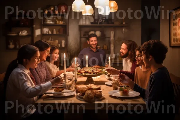 משפחה חוגגת שבת בארוחת ערב חגיגית ממדינת ישראל. מזון, כלי שולחן, נר