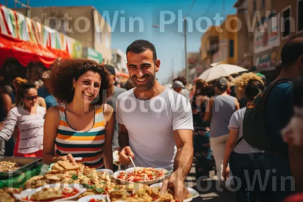 רוכלי רחוב מגישים פלאפל מעורר תיאבון וחומוס לעוברים ושבים רעבים, ממדינת ישראל. שָׁמַיִם, בן אנוש, כלי שולחן