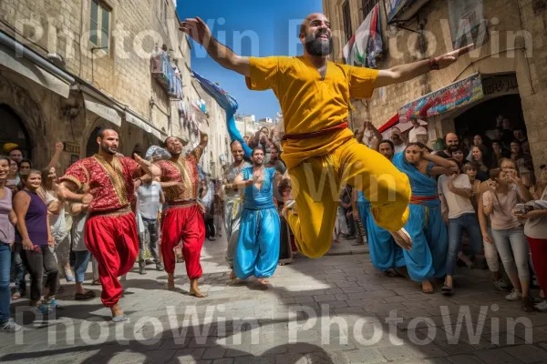 אמני רחוב תוססים מבדרים ברחוב ירושלמי תוסס ממדינת ישראל. מכנסיים, לִרְקוֹד, תוֹף