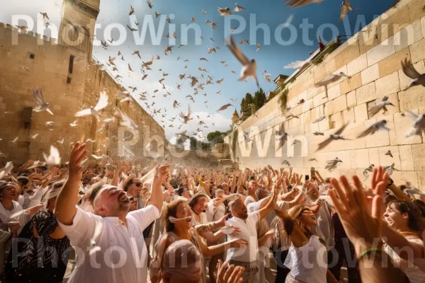 כינוס דתי, עם מתפללים מתפללים בכותל ממדינת ישראל. שְׁעוֹת הַיוֹם, בִּניָן, שַׂמֵחַ