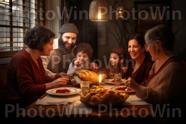 משפחה חוגגת שבת בתפילות ובסעודה חגיגית ממדינת ישראל. שולחן, כלי שולחן, נר