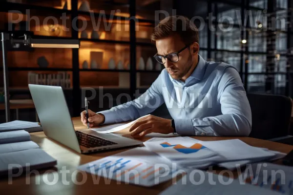 רואה חשבון מיומן המנתח בקפידה נתונים פיננסיים עבור חברה. משקפיים, שולחן, מחשב נייד