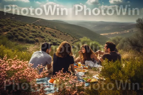 קבוצת חברים נהנית מפיקניק בהרי הכרמל השופעים ממדינת ישראל. שָׁמַיִם, הַר, נוף טבעי