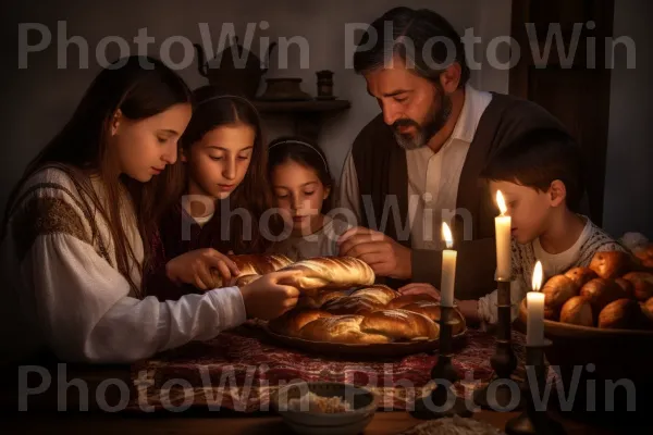 משפחה מדליקה נרות שבת, מאמצת את המסורת השלווה ממדינת ישראל. שולחן, אירוע, מוצרי מאפה