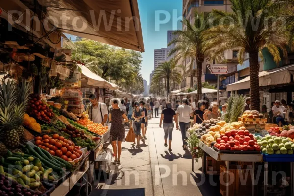 הרחובות השוקקים של תל אביב בצהריים שטוף שמש ממדינת ישראל. צמח, מזונות טבעיים, פרי