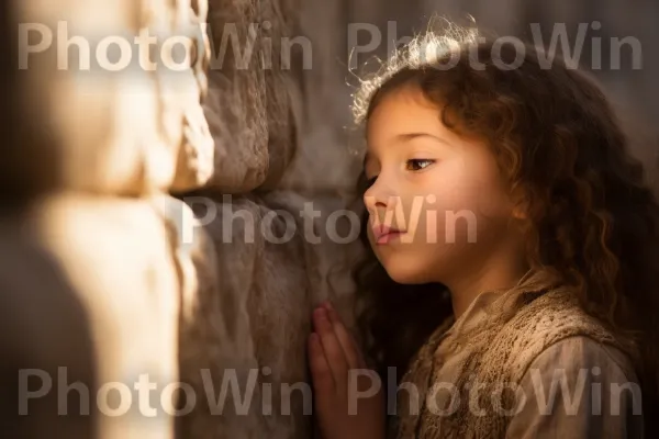 ילדה צעירה מתפללת בכותל מוצאת נחמה ממדינת ישראל. פָּנִים, לֶחִי, עור