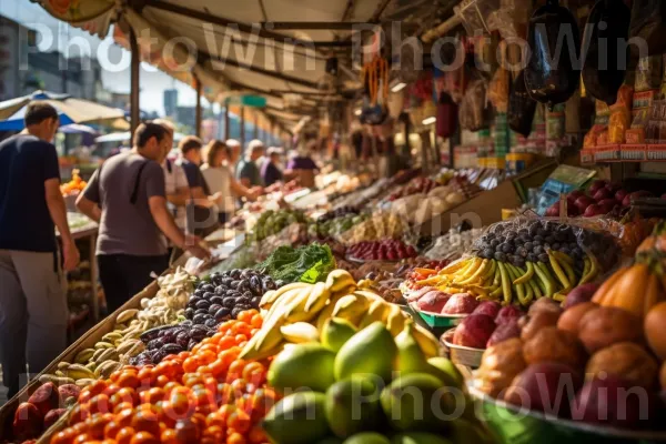 רוכלים עסוקים בשוק הכרמל התוסס בתל אביב ממדינת ישראל. מַרכִּיב, יַרקָן, מזון מלא