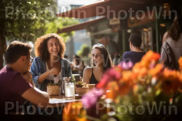 בית קפה בחוץ רוחש מצחוק וניחוח ארומטי של קפה טרי, ממדינת ישראל. פֶּרַח, כלי שולחן, כתום