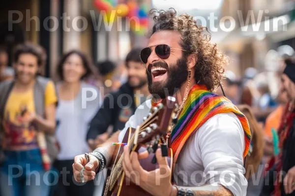 נגן רחוב כובש קהל במוזיקה ישראלית מסורתית, ממדינת ישראל. חיוך, טיפול חזון, מישקפי שמש