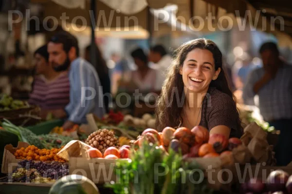 שוק איכרים שוקק עם תוצרת תוססת ופנים ידידותיות ממדינת ישראל. תַצלוּם, מוכר, פרי