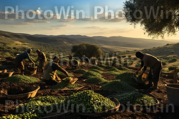 חקלאים מסיק זיתים באזור הגליל הציורי, ממדינת ישראל. שָׁמַיִם, עלה, נוף טבעי