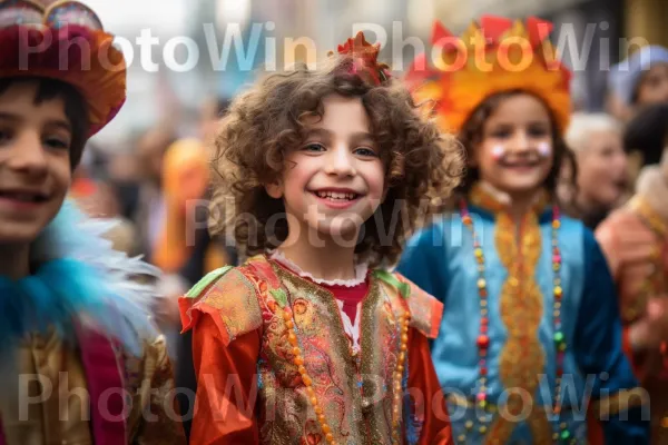 ילדים לבושים בתחפושות מרהיבות למצעד פורים החגיגי ממדינת ישראל. עַיִן, הבעת פנים, כתום