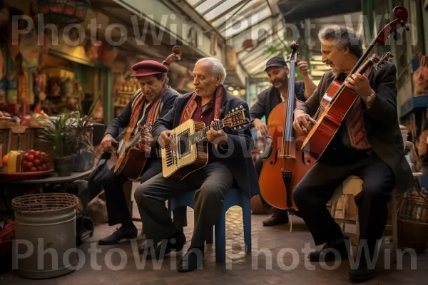 נגני רחוב מבצעים מוזיקת כליזמרים תוססת בשוק שוקק, ממדינת ישראל. נַעַל, כלי נגינה, הלהקה מנגנת