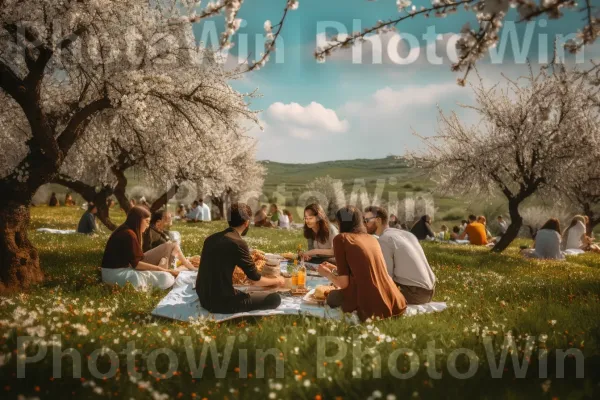 חברים בפיקניק מתחת לשקדיה פורח בט\"ו בשבט, ממדינת ישראל. נוף טבעי, אנשים בטבע, בּוֹטָנִיקָה