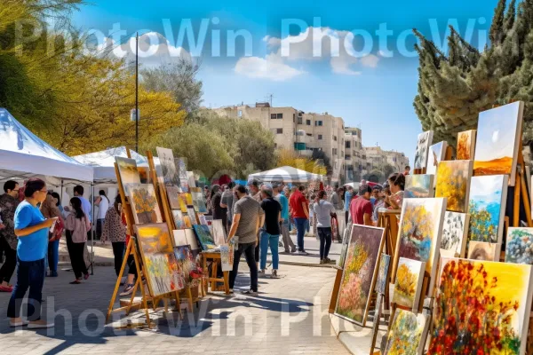 אמנים מציגים את ציוריהם התוססים ביריד רחוב מקומי, ממדינת ישראל. שְׁעוֹת הַיוֹם, עֵץ, שׁוּק