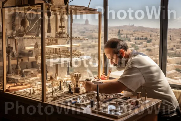 בעלי מלאכה היוצרים בקפידה פריטי יודאיקה מורכבים, ממדינת ישראל. עיצוב פנים, עץ, עִיר