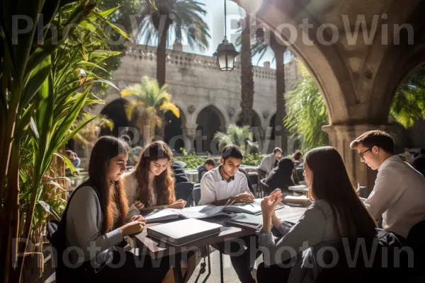 קבוצת תלמידים הלומדים טקסטים עתיקים בחצר ירושלים ממדינת ישראל. צמח, עֵץ, דקלאים