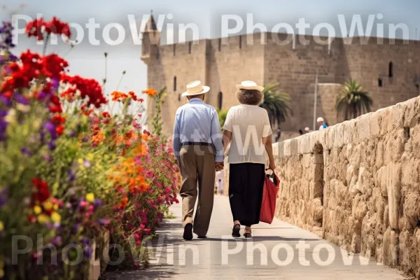 זוגות מבוגרים מטיילים יד ביד לאורך חומות העיר העתיקה של עכו ממדינת ישראל. צמח, שָׁמַיִם, כובע