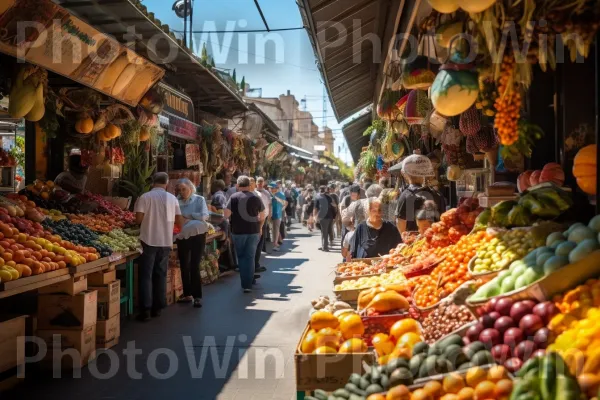 שוק חוצות שוקק בו רוכלים מוכרים פירות ותבלינים טריים, ממדינת ישראל. תַצלוּם, מוכר, מזונות טבעיים