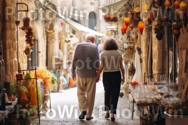 זוג מבוגרים מטייל יד ביד ברחובותיה העתיקים של צפת ממדינת ישראל. תַצלוּם, לבן, מוכר