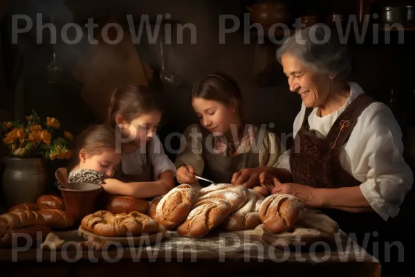 סבתא מלמדת את נכדיה לאפות לחם חלה מסורתי ממדינת ישראל. מזון, מִטְבָּח, צַלַחַת