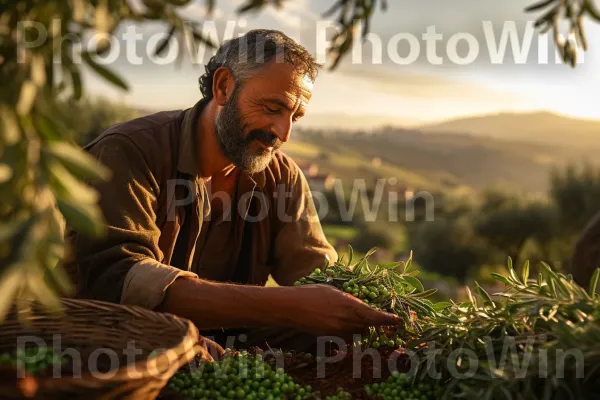 חקלאי מסיק זיתים טריים בכפר הישראלי היפה, ממדינת ישראל. עלה, דֶשֶׁא, שַׂמֵחַ