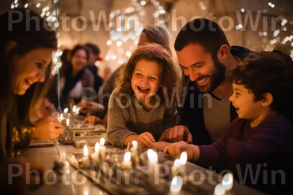 משפחות חוגגות בשמחה את חנוכה, מדליקות חנוכייה ומשחקות סביבונים ממדינת ישראל. תַצלוּם, שולחן, אינטראקציה