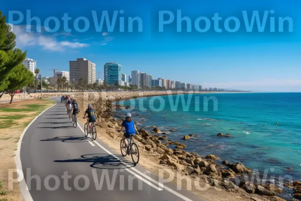 קבוצת בני נוער רוכבת על אופניים לאורך קו החוף המרהיב של תל אביב, ממדינת ישראל. שָׁמַיִם, אופניים - ציוד ואספקה, צמיג