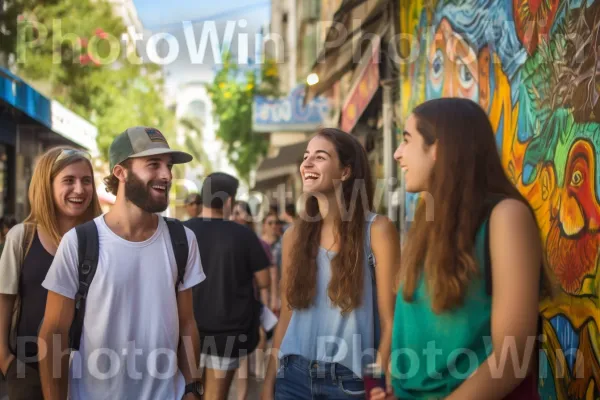 קבוצת צעירים בוחנים את סצנת האמנויות התוססת בעיר חיפה, ממדינת ישראל. הַלבָּשָׁה, תַשׁתִית, כובע