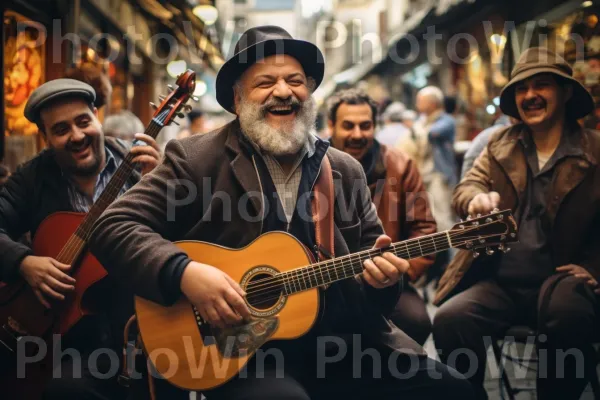 נגני רחוב מבצעים מוזיקת כליזמרים תוססת בשוק שוקק, ממדינת ישראל. כלי נגינה, כובע, גִיטָרָה