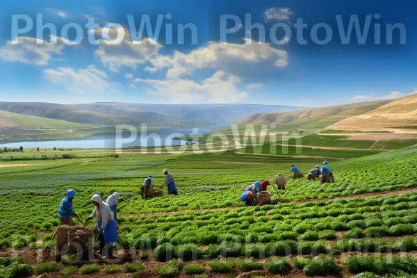 חקלאים קוטפים תוצרת טרייה באדמות החקלאיות הישראליות הפוריות, ממדינת ישראל. ענן, שָׁמַיִם, אנשים בטבע