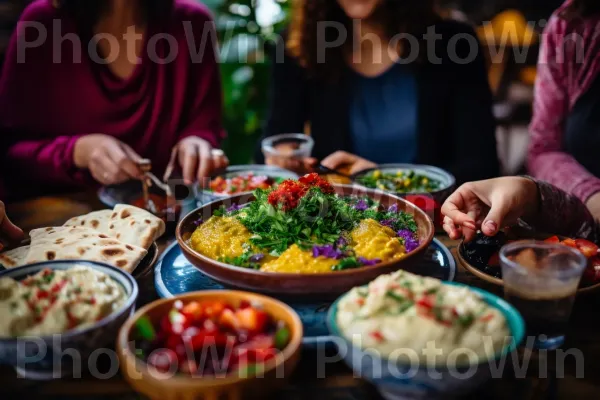 קבוצת חברים נהנית מארוחת בוקר ישראלית מסורתית עם חומוס טרי ופלאפל ממדינת ישראל. כלי שולחן, מתכון, מַרכִּיב