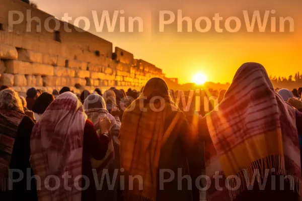 מתפללי שלום מתפללים בכותל המערבי בירושלים ממדינת ישראל. שָׁמַיִם, אַפְלוּלִית, זריחה