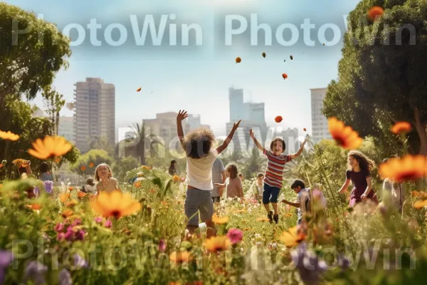 ילדים משחקים בפארק תל אביבי תוסס תחת השמש החמימה, ממדינת ישראל. שָׁמַיִם, שְׁעוֹת הַיוֹם, אנשים בטבע