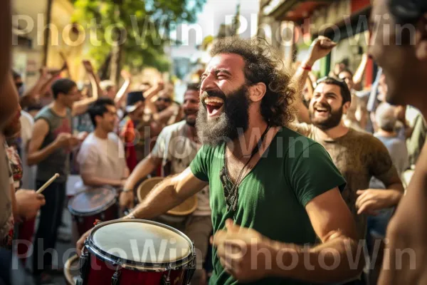 נגני רחוב מנגנים מנגינות צוהלות בעיר התוססת תל אביב, ממדינת ישראל. תסרוקת, תוֹף, כלי נגינה