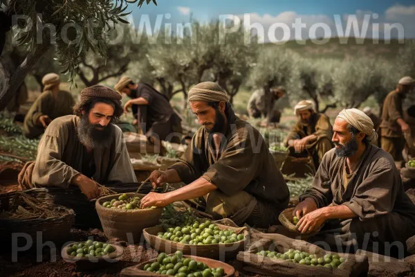 חקלאים מסיק זיתים באזור הגליל הנופי, ממדינת ישראל. מזון, שָׁמַיִם, שיתוף