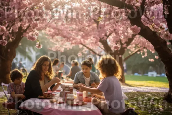 משפחות בפיקניק מתחת לעצי פריחת דובדבן פורחים בחיפה ממדינת ישראל. תַצלוּם, ענף, פֶּרַח