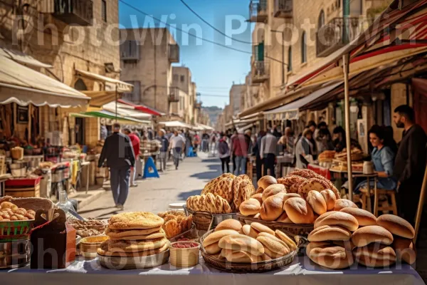 רוכלי רחוב מגישים לחם חלה טרי אפוי ביום שישי בבוקר, ממדינת ישראל. שָׁמַיִם, מוכר, שׁוּק