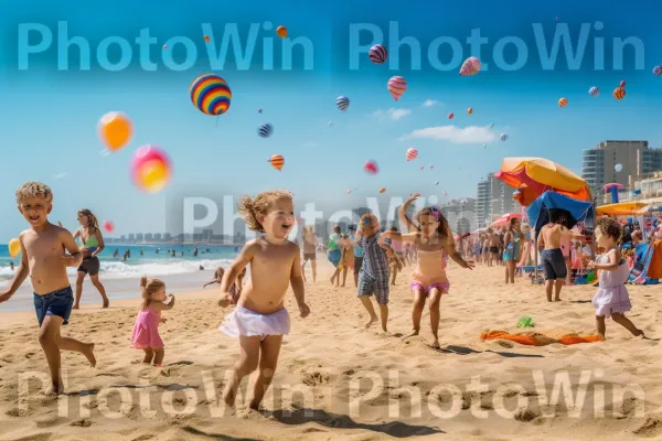 ילדים משחקים בחופים החוליים של תל אביב, ממדינת ישראל. שָׁמַיִם, אנשים על החוף, החוף