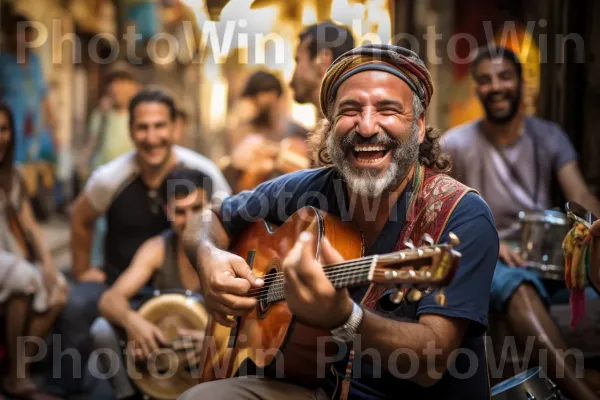 נגני רחוב מנגנים מנגינות צוהלות בעיר התוססת תל אביב, ממדינת ישראל. כלי נגינה, אביזר גיטרה, זָקָן