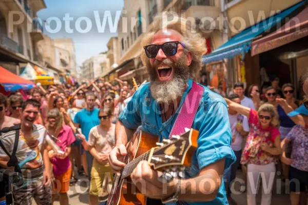 אמנים מציגים את יצירותיהם הייחודיות ביריד רחוב תוסס ביפו ממדינת ישראל. תַצלוּם, טיפול חזון, כלי נגינה