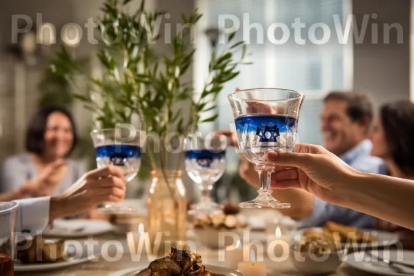 חברים מרימים כוס יין מתוק לטוסט פסח מסורתי ממדינת ישראל. כלי גזע, שולחן, צַלַחַת